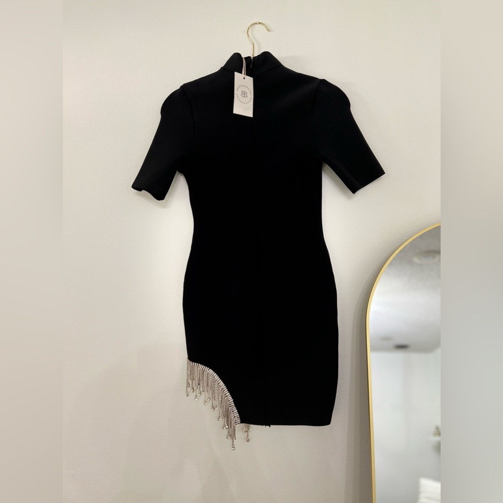 Black Mock-Neck Bandage Bodycon Mini Dress with Rhinestone detail on right side - Picture 5 of 11